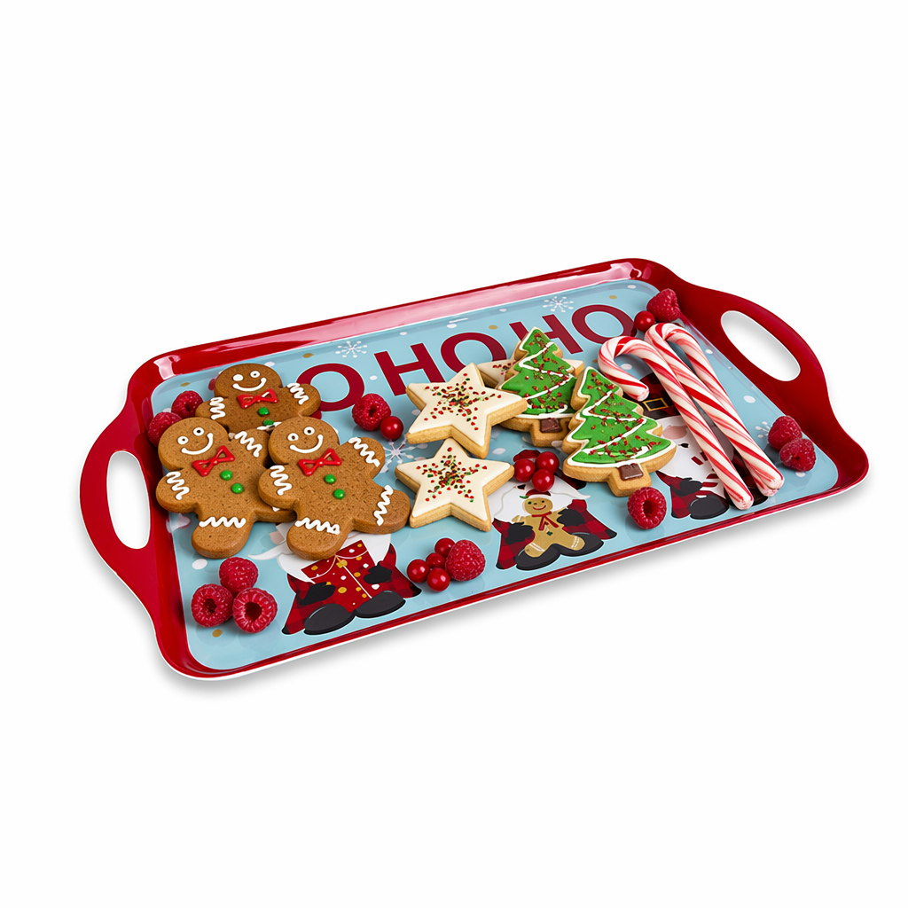 Festive red Christmas A5 melamine serving tray with handles, beautifully arranged with gingerbread cookies, candy canes, and holiday treats on a pure white background.