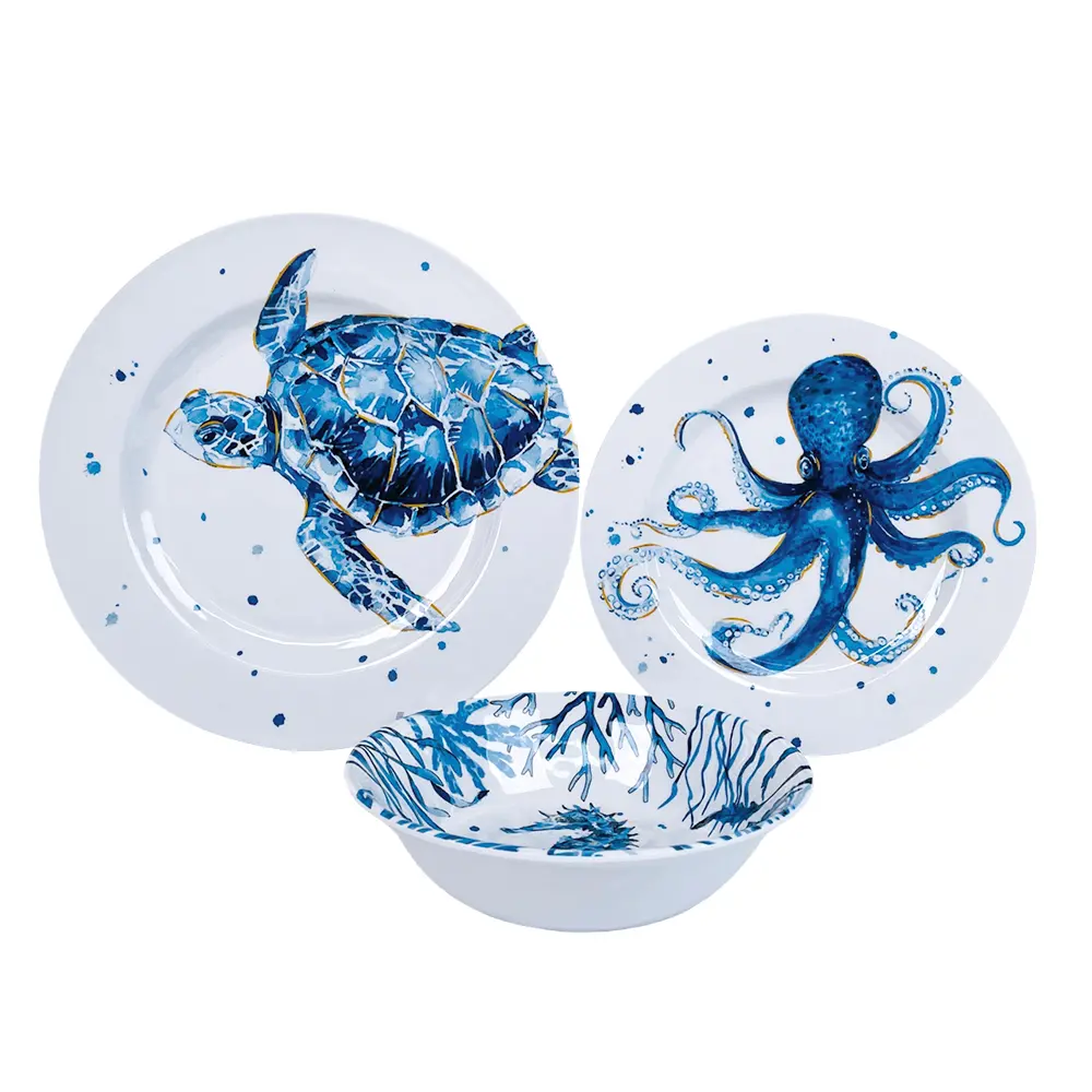Sea turtle and octopus design melamine dinnerware set with dinner plate, salad plate and bowl