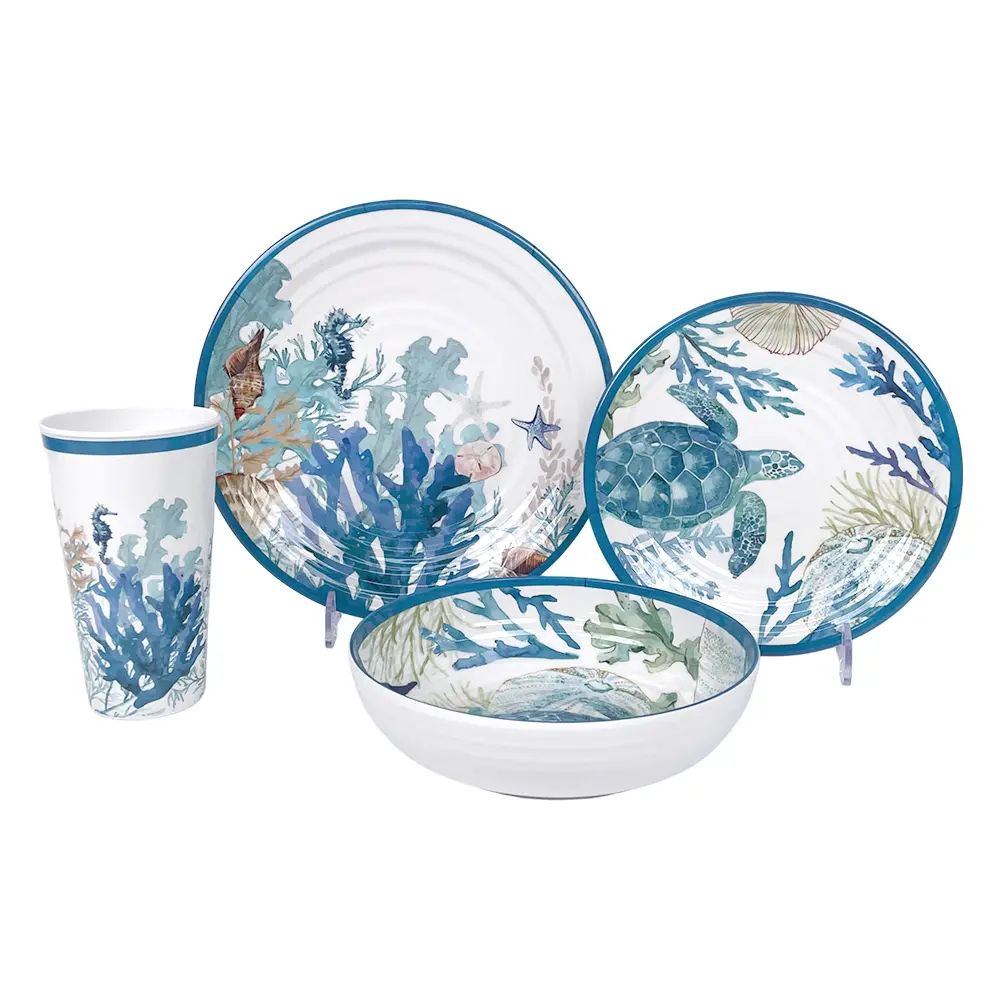 Blue coral reef melamine dinnerware set with dinner plate, salad plate, bowl and tumbler