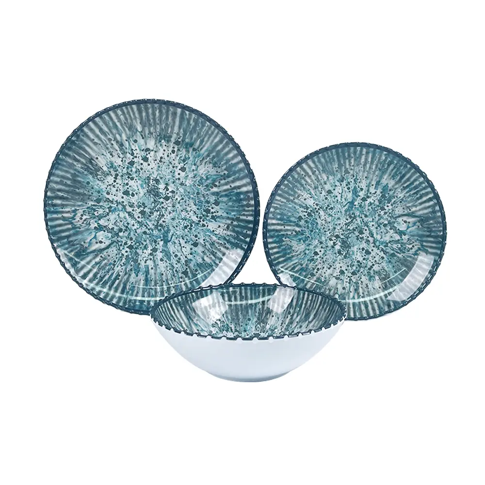 Blue reactive glaze melamine dinnerware set with dinner plate, salad plate and bowl