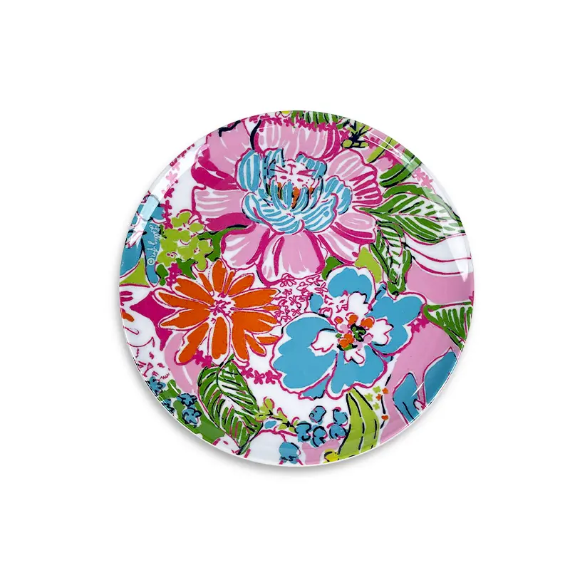 Colorful floral print melamine plate in pink, blue and green