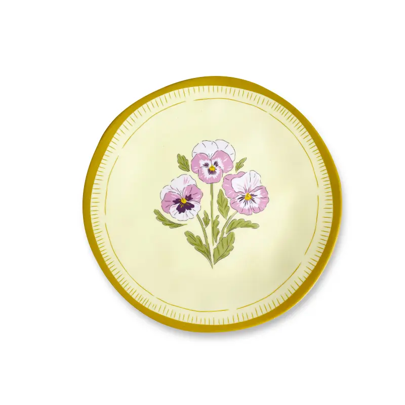 Pansy flower melamine dessert plate with gold rim