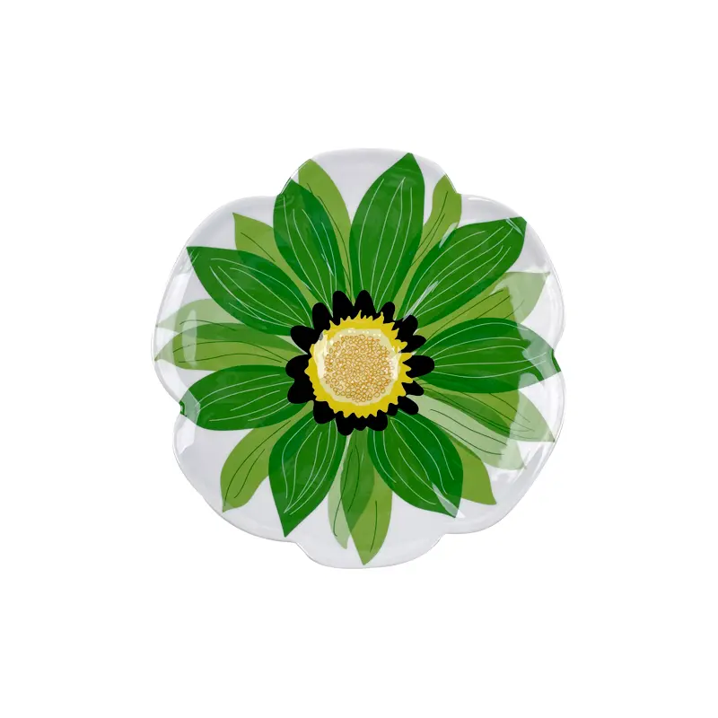 Green sunflower shaped melamine plate with petal edge