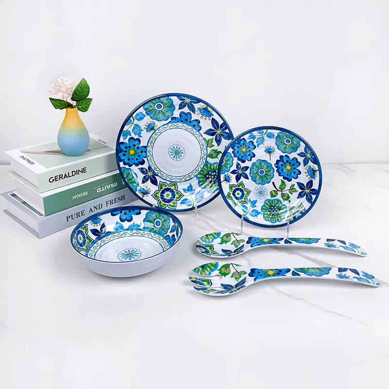 Bestwares blue floral pattern melamine tableware set including plates, bowl, and serving utensils, break-resistant for outdoor dining and restaurant use.