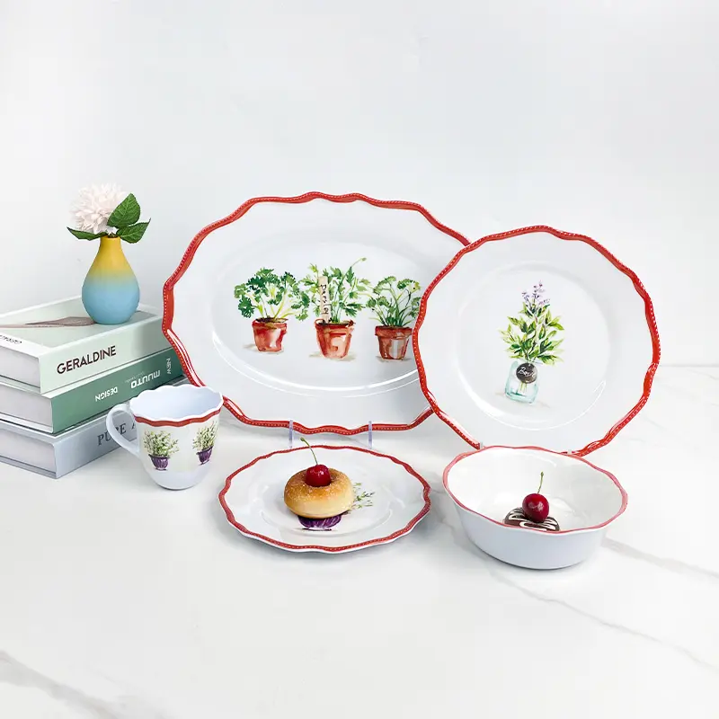 Bestwares melamine tableware collection featuring botanical potted plant designs and a red scalloped rim, elegant and shatterproof for hotel and catering service.