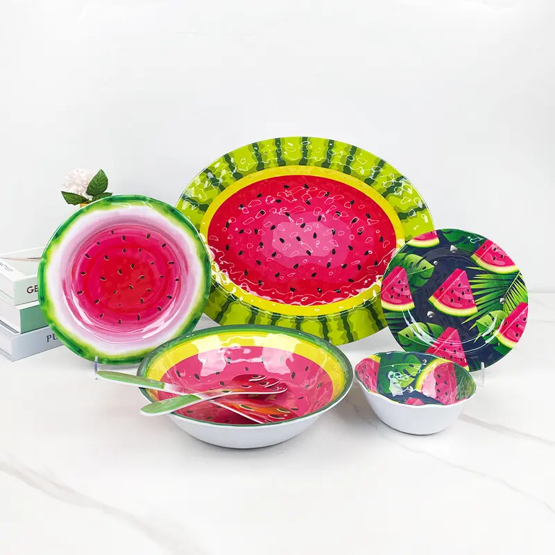 Bestwares vibrant watermelon pattern melamine tableware set with plates and bowls, perfect for summer outdoor catering, parties, and wholesale event supply.