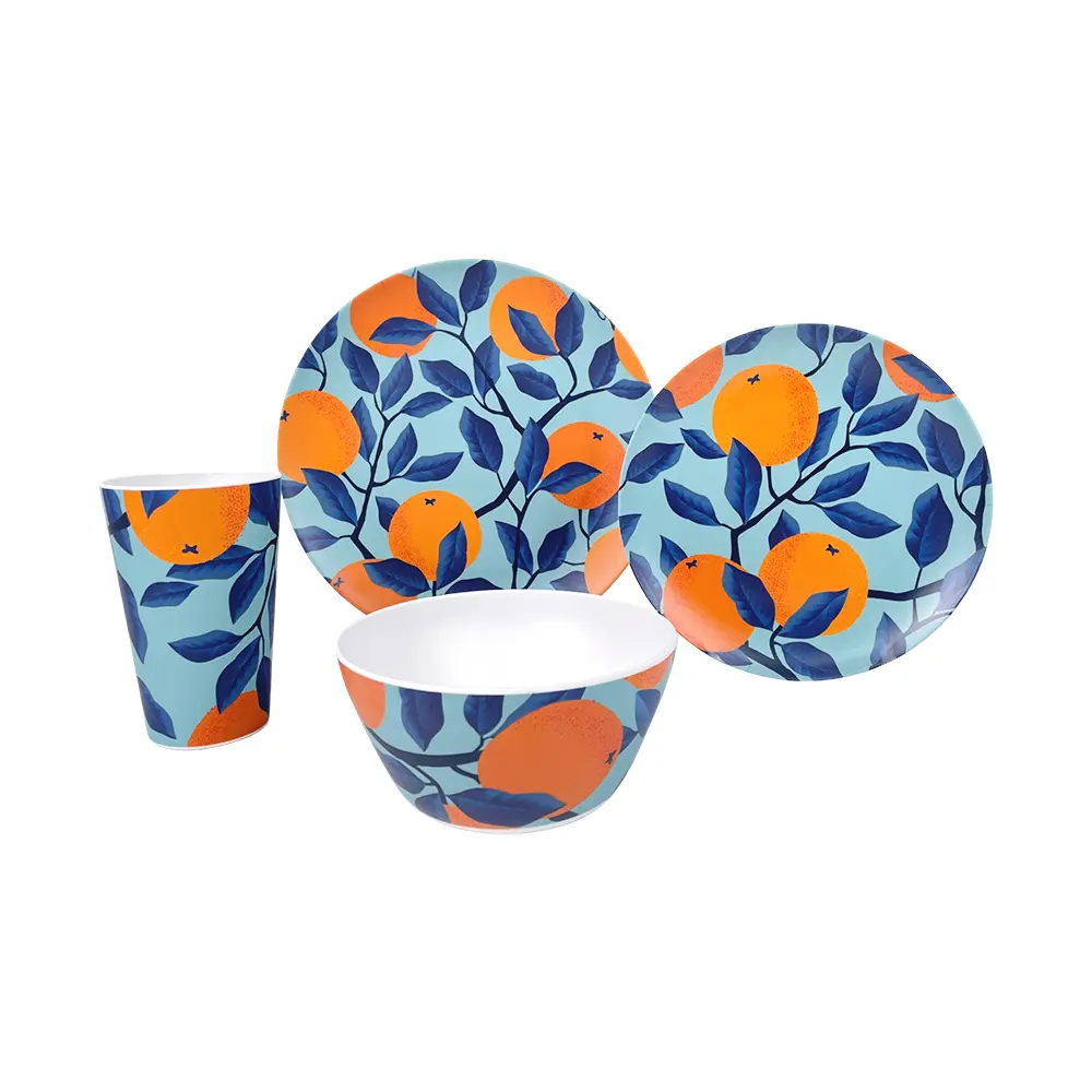 Bestwares 4-Piece Orange Fruit Melamine Dinnerware Set with Tumbler and Bowl